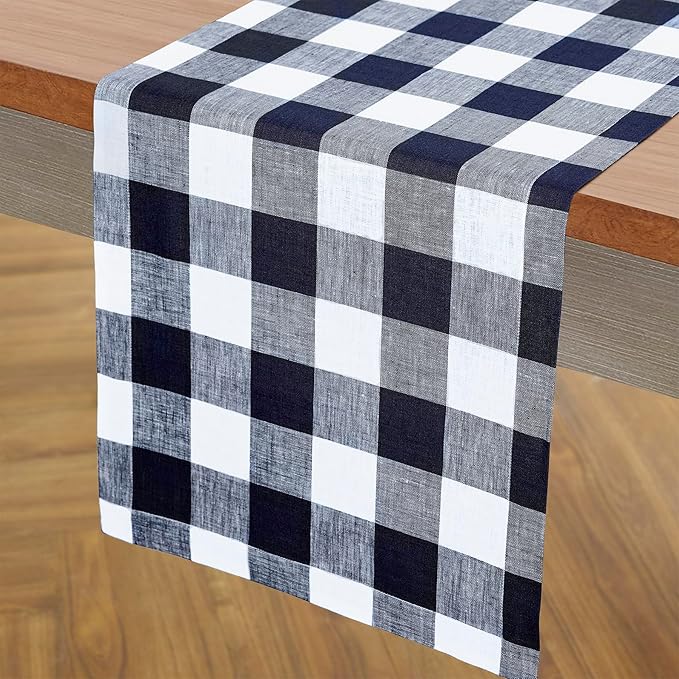 Solino Home Linen Checkered Table Runner 48 Inches - 100% Pure Linen Navy and White Buffalo Check Short Table Runner 14 x 48 Inch Ideal for Dresser and Coffee Tables - Winter