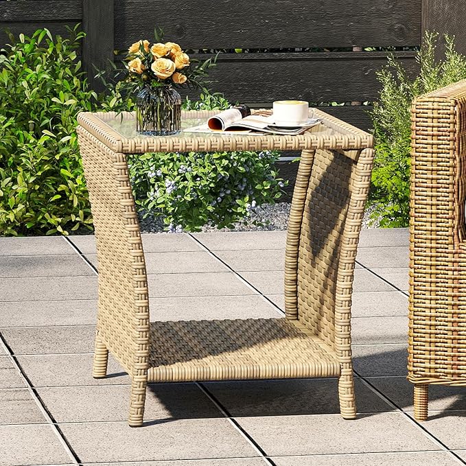 kinbor Small Patio Table - Tempered Glass Top Small Outdoor Wicker Side Table with Storage Shelf for Patio, Balcony & Porch, Durable PE Rattan & Iron Frame