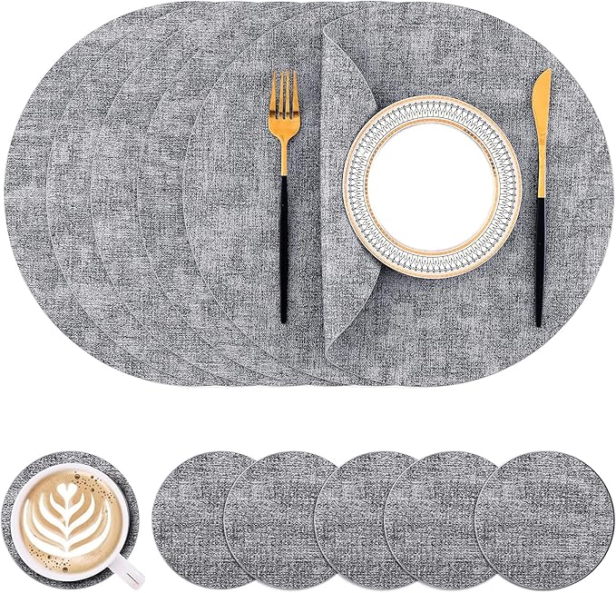 Homaxy Round Faux Leather Placemats and Coasters, Washable Dual-Side Table Mats, Wipeable Heat-Resistant Dining Place Mats for Outdoor and Indoor, Set of 6, Diameter 13 and 3.93 inch, Black & White