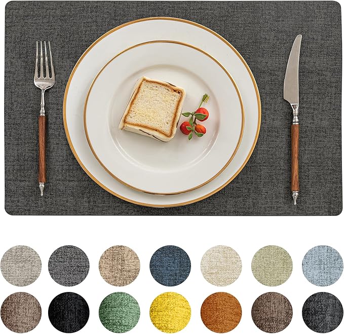 Romanstile Vinyl Placemats Set of 6-12 X 17 Inch - Heat Resistant Place Mats 100% Waterproof Oilproof Wipeable Reversible Faux Leather Table Mats for Kitchen, Dining, Party, Outdoor, Charcoal