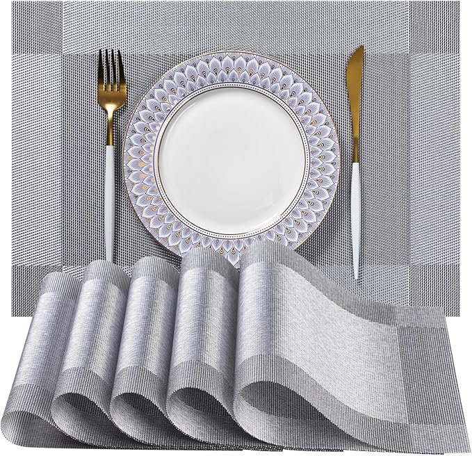 LEXMORE Placemats Set of 8 Vinyl/Plastic Woven Place Mats for Kitchen Table Indoor/Outdoor Washable Placemat Wipeable Dining Table Mats(Silver Cube)