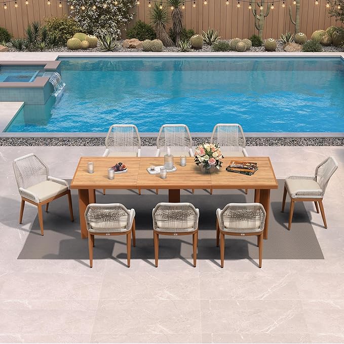 PURPLE LEAF 9 Pieces Dining Set Patio Metal Rectangular Table and Wicker Rattan Chairs for Outside Porch Garden Kitchen Modern Outdoor Furniture Sets