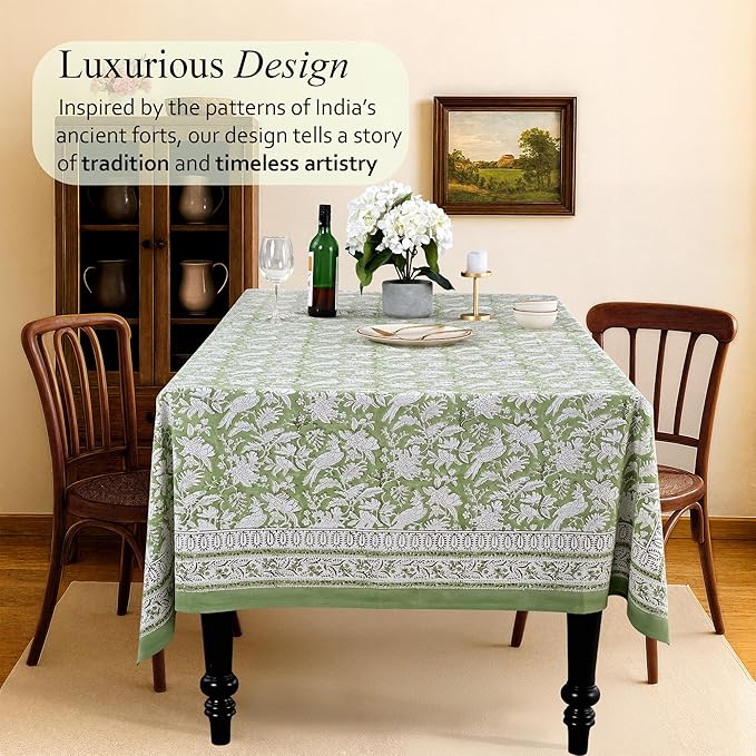 CPC Tablecloth 100% Cotton 72x160 Inch Indian Block Print Rectangle Table Cover, Blue Table Cloth for Weddings, Spring/Summer, Barbeque - Olive Green