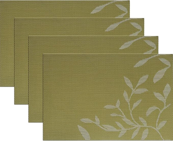 Leaf Placemats Set of 4, Non-Slip Heat-Resistant 18" x 12" Vinyl Washable Placemats for Kitchen Indoor Outdoor Party Birthdays Weddings Decoration (Green)