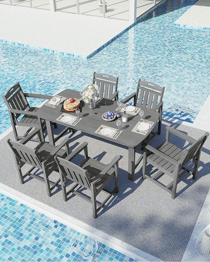 Ciokea HDPE Outdoor Dining Set, 7-Piece Patio Table and Chairs Set with Umbrella Hole, All-Weather Patio Dining Sets for 6, Durable Patio Furniture for Backyard, Garden, Lawn & Poolside, Grey