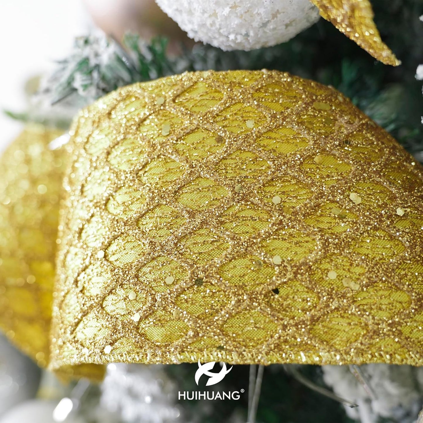 HUIHUANG Gold Glitter Wired Ribbon, 4 inch x 10 Yards, Polyester, Christmas, Gold, Geometric Pattern, Perfect for Tree Decorations, Wreaths, Gift Wrapping