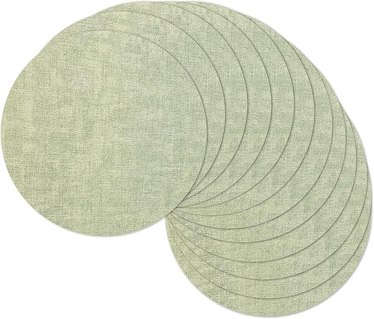 13" Round Placemats Set of 12, Reversible Faux Leather Heat Resistant Table Mats, 100% Waterproof Oilproof Wipeable Table Protective Placemats for Vinyl, Washable for Indoor (12, Light Green)