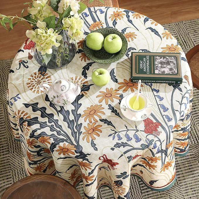French Vintage Round Tablecloth,Linen Tablecloth with Gold and Red Floral Pattern,Decorative Table Cover for Kitchen,Dining,Thanksgiving,Party,Living Room,Diameter 67"-Tijuana