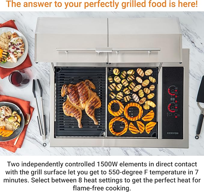 Kenyon Texan Built-In Electric Grill for Stone Counter, Standard Lite-Touch, Stainless Steel Grill with Split Lid for Indoor and Outdoor Use, 2 Burners, Quick Heat Up, Dishwasher Safe Grate, 240V
