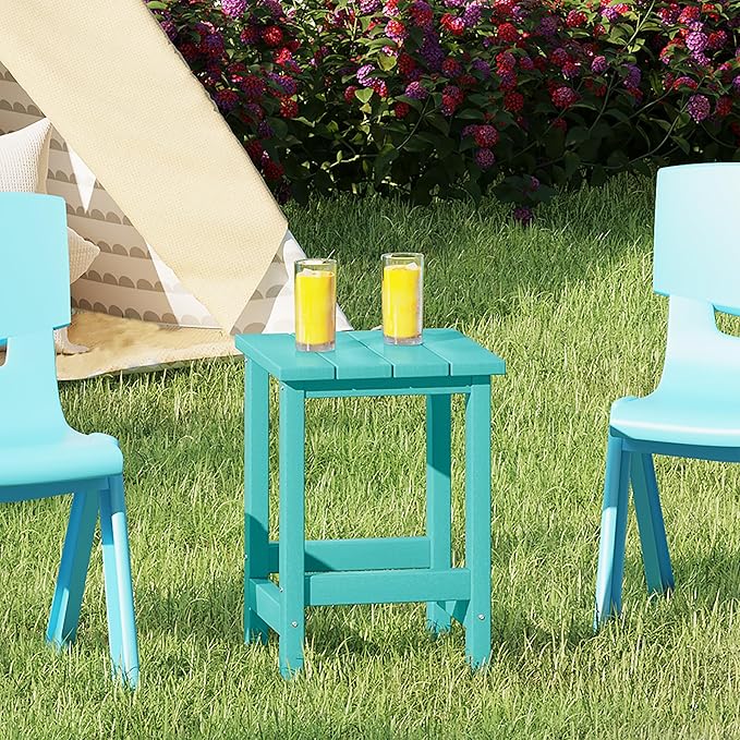 Costaelm Kids Outdoor Side Table, Small Patio HDPE Adirondack Square Table, Porch End Table for Outside Pool Garden, Turquoise