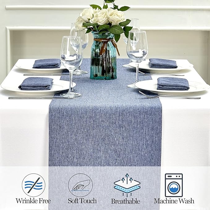 Mebakuk Linen Farmhouse Table Runner Large Burlap Style Soft and Waterproof Decorative Fabric Runner for Outdoor Wedding and Dinner (14 x 48 Inch, Denim Blue)