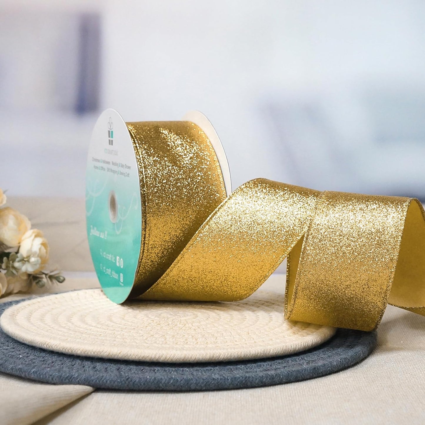 CT CRAFT LLC Glitter Wired Ribbon 2.5" x 20 Yards Yellow Gold for Christmas Home Decor Bow Gift Wrapping DIY Crafts Wreath