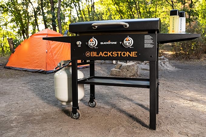 BLACKSTONE 1883 Original 28” Griddle with Integrated Protective Hood and Counter Height Side Shelves, Powder Coated Steel, Black