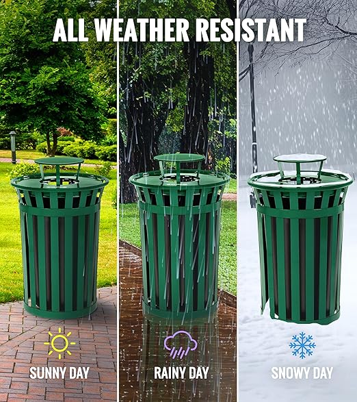 Alpine Commercial Outdoor Trash Can - 38 Gallon Heavy Duty Green Recycle Garbage Can with Liner, Flat Lid and Rain Bonnet Lid, All Weather Resistant Large Outside Trash Can for Parks, Parking, School