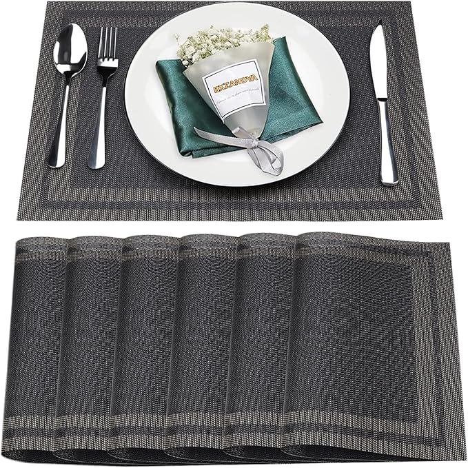 Placemats Set of 6,Washable,Heat and Stain Resistant Indoor/Outdoor Place mats,Vinyl Woven Non Slip Table Mats for Restaurant Table Protection,PVC Placemats(Black Gold,6PCS)