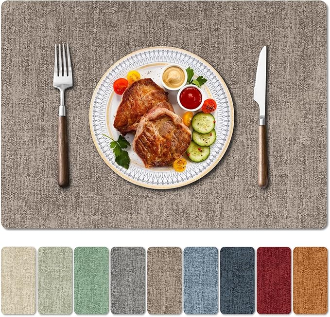 Faux Leather Heat Resistant Placemats Set of 8 – Waterproof Oilproof Wipeable Dining PU Vinyl Place Mat Easy Clean Table Mats for Kitchen/Dining/Party/Holiday, Khaki