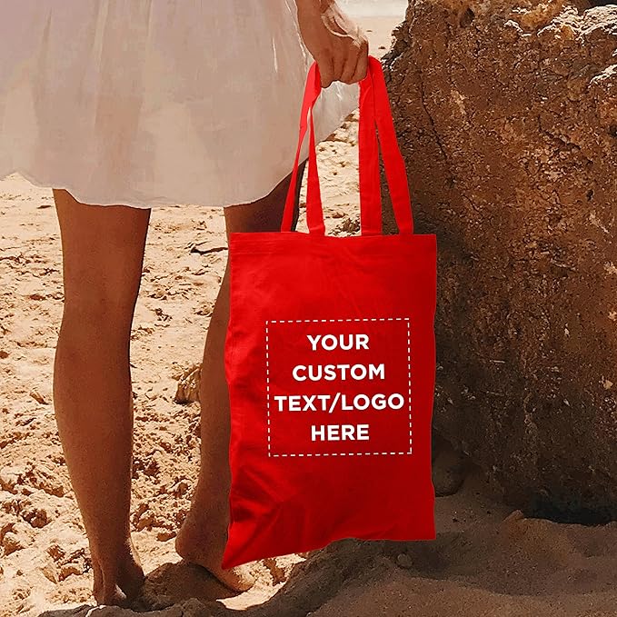 DISCOUNT PROMOS Custom Cotton Canvas Tote Bags Set of 100, Personalized Bulk Pack - Reusable, Great for Shopping, Grocery, Beach, Picnic, Wedding Favors - Red