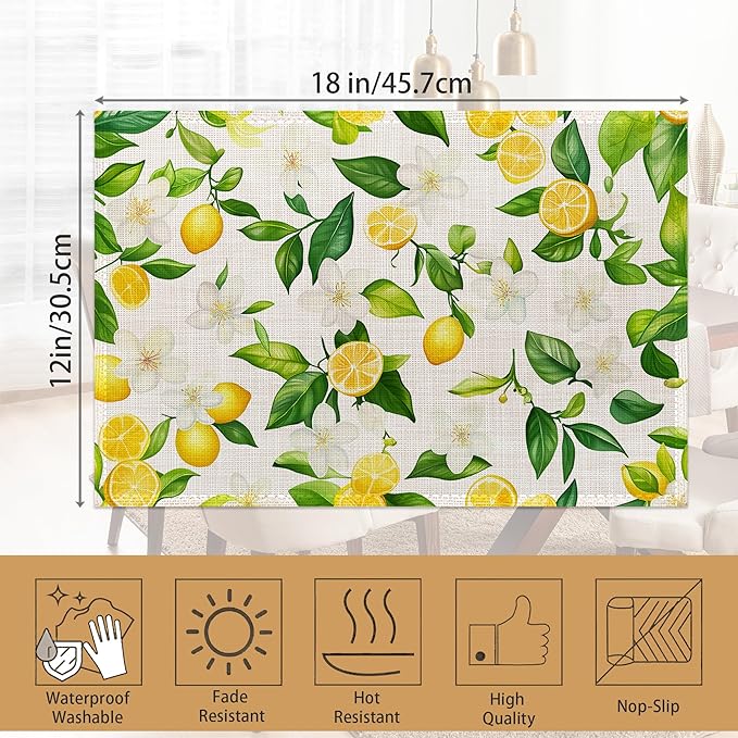 Placemats12x18 Inch,Lemons Flower Placemats,Green Leaf Kitchen Dining Coffee Table Mats Set of 6 for Home Indoor Outdoor Party