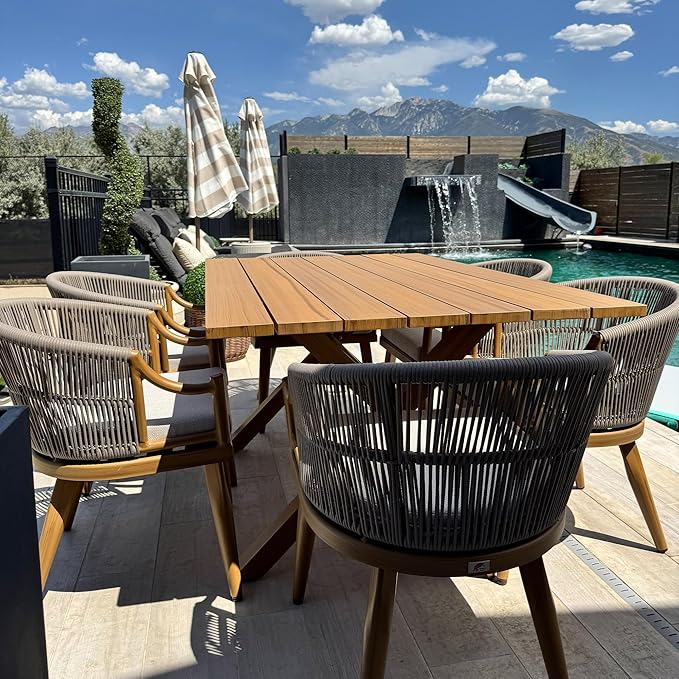 PURPLE LEAF 11 Pieces Outdoor Dining Set All Weather Wicker Patio Dining Set with Rectangular Aluminum Table and Modern Armrest Dining Chairs for Garden Deck Backyard Kitchen, Teak
