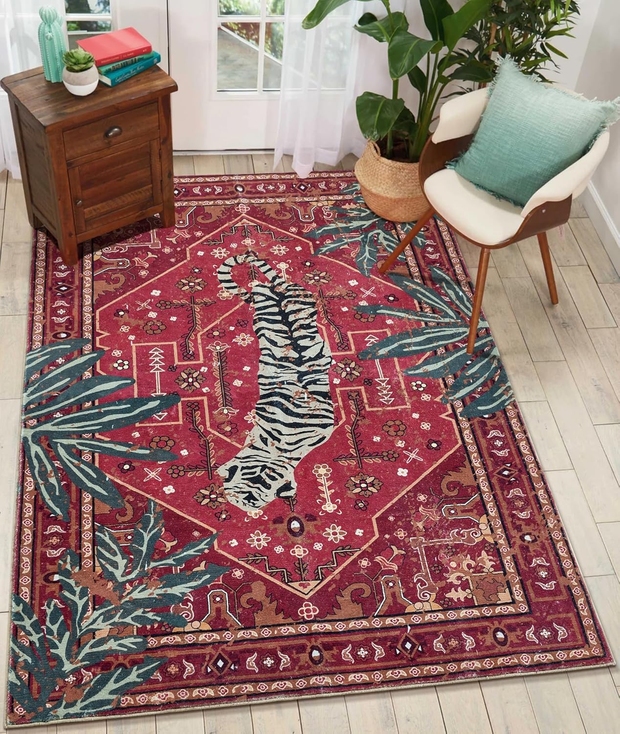 Tribal Rugs Summer Tropical 6x9 Area Rugs Wine Red Traditional Boho Vintage Oriental Rug Carpet for Bedroom Kitchen Dining Living Room Indoor Entryway Washable