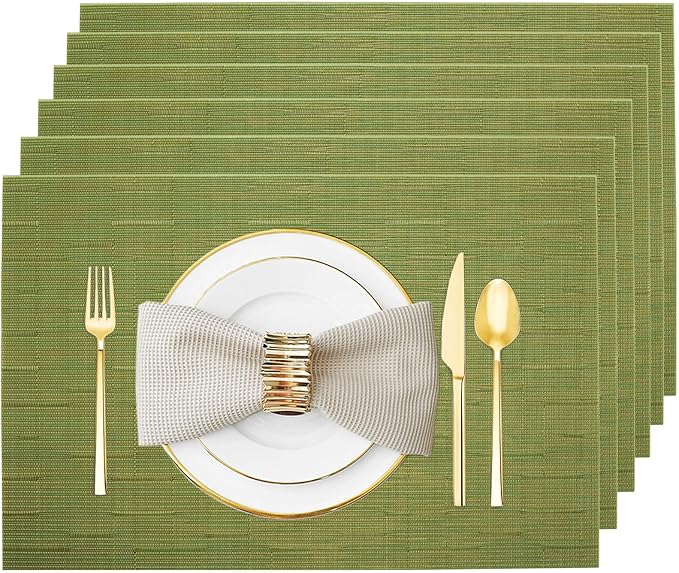 Placemats Set of 6 Washable&Wipeable Place mats for Dining Table Kitchen Indoor Outdoor Table Mats Heat Resistant Non Slip Woven Vinyl Table Placemats (Green，6PCS)