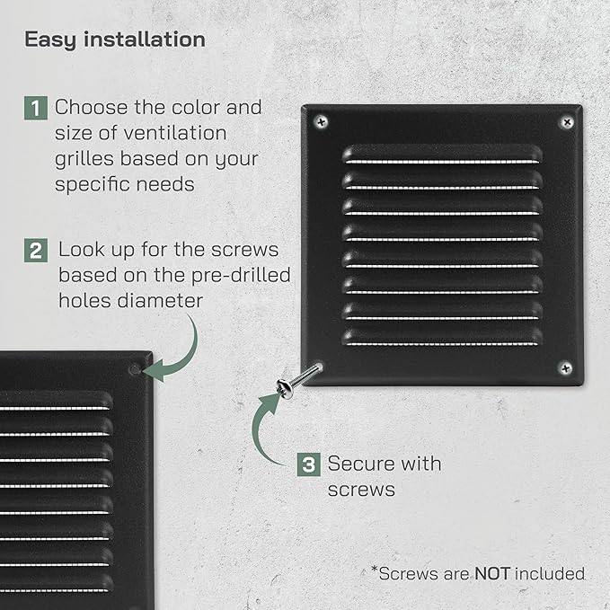Vent Systems - 5 x 5 Inch (Inner) Black Metal Square Soffit Air Vent Grille Cover, Register Vent Deflector Louver Built-in Mesh HVAC for Bathroom Home Office Kitchen 6.5" x 6.5" (Outer)