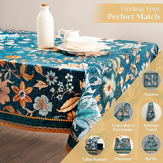 Maison d' Hermine Table Cloth Rectangle Table 100% Cotton 60 x 120 Inches Fall Tablecloth Reusable Everyday Use for Thanksgiving Christmas Decorations Dining Farmhouse Party (Luxury Loft - Dark Teal)