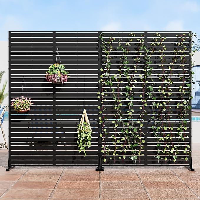Casaphoria Metal Privacy Screen Outdoor, 72" H x 47" W Freestanding Decorative Privacy Screen for Patio Deck Balcony Garden with Stable Base, Louvered Black