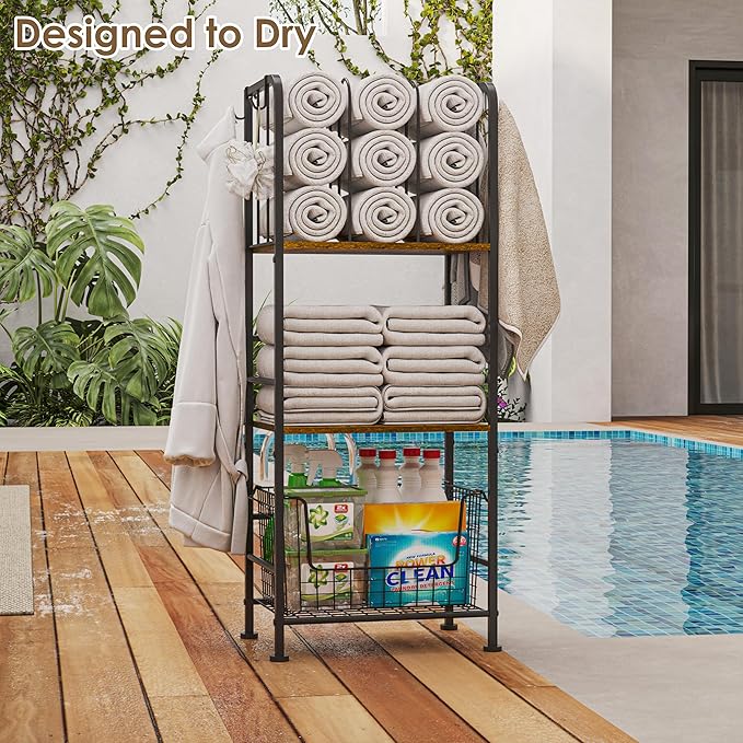 Towel Rack Free Standing 3-Tier M-Shaped Detachable Dividers, Durable Metal Towel Holder, Pool Items Holder, Space-Saving Storage Organizer, Modern Bath Towel Shelf for Bathroom Patent Pending