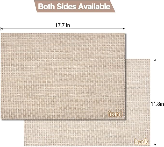 SLKQG Placemats Set of 6 - Easy Clean Washable Vinyl Placemats - Wipeable Heat Resistant Table Mats for Dining Table - 17.7x11.8 Inch (6, Beige)