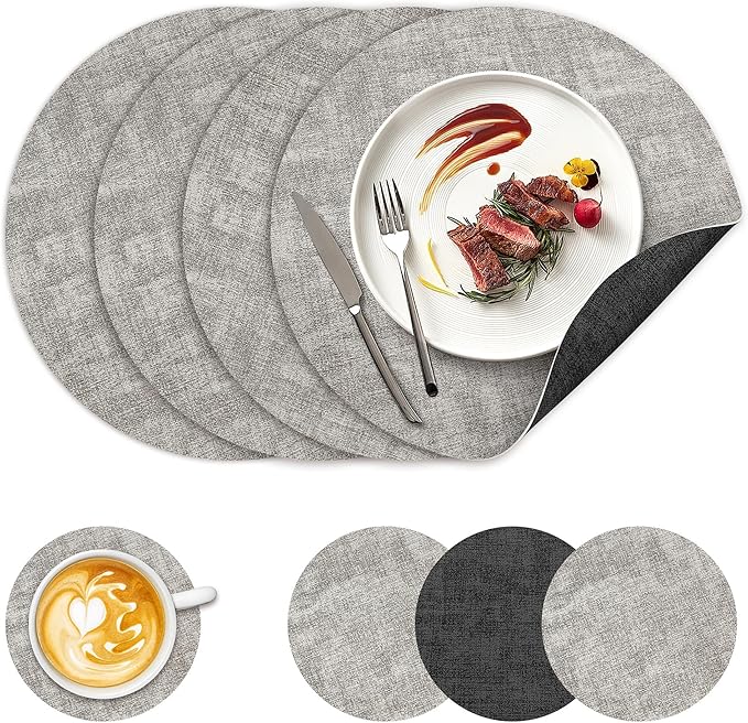 13" Round Placemats Set of 4, NCUE Dual-Sided Faux Leather Heat Resistant Table Mats, Waterproof Oilproof Washable Protective Table Placemats with Coaster, Wipeable Vinyl for Indoor & Outdoor Use
