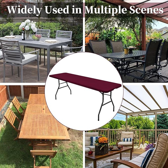 10 Pack Fitted Tablecloth for 6 Foot Rectangle Tables, Wine Red Elastic Outdoor Picnic Table Cover, Washable Stretch Folding Table Cloths 6 ft for Camping Party Patio Kitchen Banquet, 30" W x 72" L