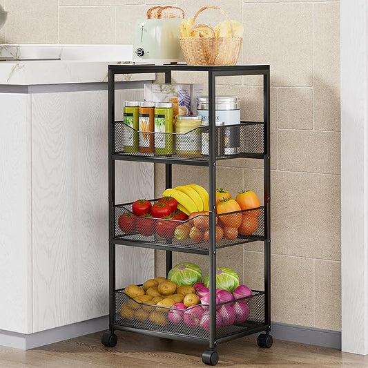 HapiRm Fruit Basket Kitchen Cart - 4-Tier Rolling Storage Cart with Wheels, Fruit Vegetable Basket with Wood Top, Pantry Utility Kitchen Organizer for Fruit Potato Onion Vegetable Bread Snack