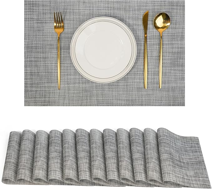 Placemats Set of 12，Non-Slip PVC Weave Table Mats Easy to Clean，Heat Resistant Place Mats for Kitchen Dining Table Decoration Indoor Outdoor，Gray