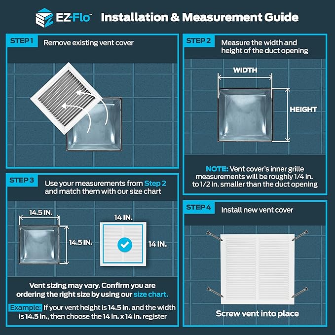 EZ-FLO 14 x 14 Inch (Duct Opening) Return Air Vent Cover for Wall or Ceiling, Solid Steel Return Air Grille, HVAC Vent Cover, White, 61640