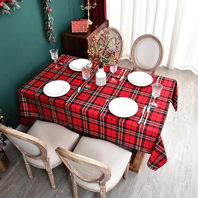 Classic Gingham Buffalo Xmas Tablecloth Fabric - Oblong 58x144 Inch Water Proof Checkered Table Cloth for Indoor Outdoor - Red Christmas Plaid Table Cover for Christmas, Holiday, New Year