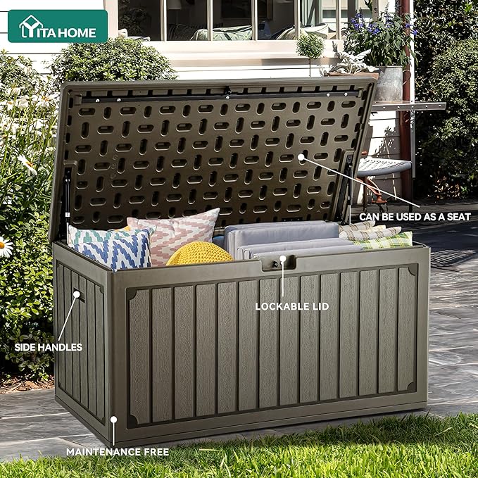 YITAHOME 90 Gallon Double-Wall Deck Box with Side Handles, Outdoor Large Storage for Patio Furniture Cushions, Garden Pool Accessories, Water Resistant & Lockable