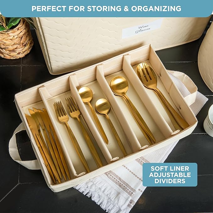 China Storage Hard Shell Containers 12-Piece Set Moving Boxes for Dinnerware, Glasses, Plates, Mugs and Saucers Sturdy Dish Organizer with Dividers for Seasonal Storage - Service for 12 -Beige Quilted