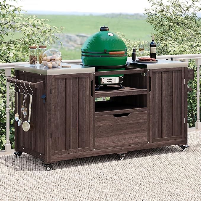 66.5" Outdoor Kitchen Island with Stainless Steel Top for Big Green Egg, Rolling Grill Cart with Adjustable Shelves, Lockable Wheels, Outdoor Table and Bar Storage Cabinet for Patio