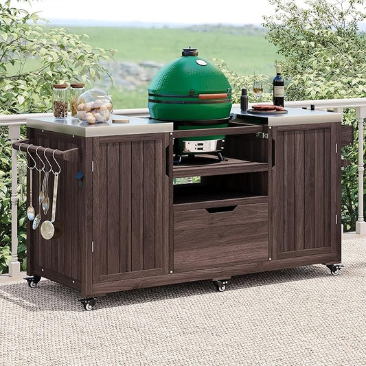 66.5" Outdoor Kitchen Island with Stainless Steel Top for Big Green Egg, Rolling Grill Cart with Adjustable Shelves, Lockable Wheels, Outdoor Table and Bar Storage Cabinet for Patio