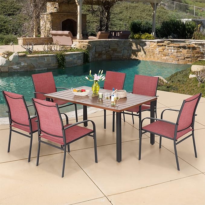 Outdoor Patio Dining Table for 6, 60" x 36" Rectangular Metal Patio Dining Table with Umbrella Hole and Wood-Like Tabletop, All Weather Wrought Iron Outdoor Table for Backyard and Porch