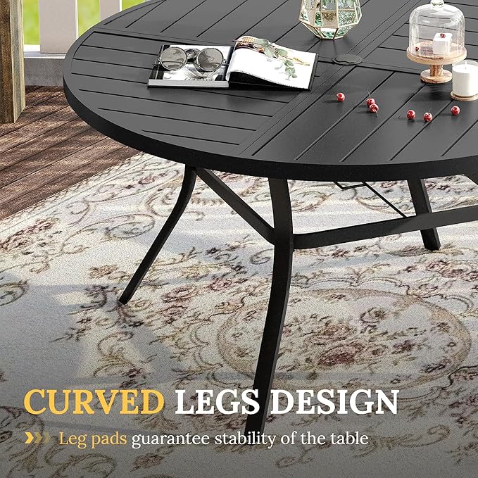 VICLLAX Round Patio Table with Adjustable Umbrella Hole for 8, All Weather Metal Outdoor Dining Table for Lawn Garden, 59.8" Outdoor Coffee Table, Black Tabletop