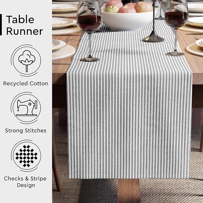 Encasa XO Cotton Dining Table Runner | Ticking Black | Size 13x94 in - Machine Washable & Durable