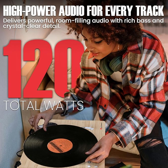 AudioSource Vinyl Record Player, Bluetooth Turntable with 2.1 Channel Speaker, 120W, Built-in Subwoofer, High Fidelity 2-Speed Belt Drive, Patented Speaker Isolation Design, AT33