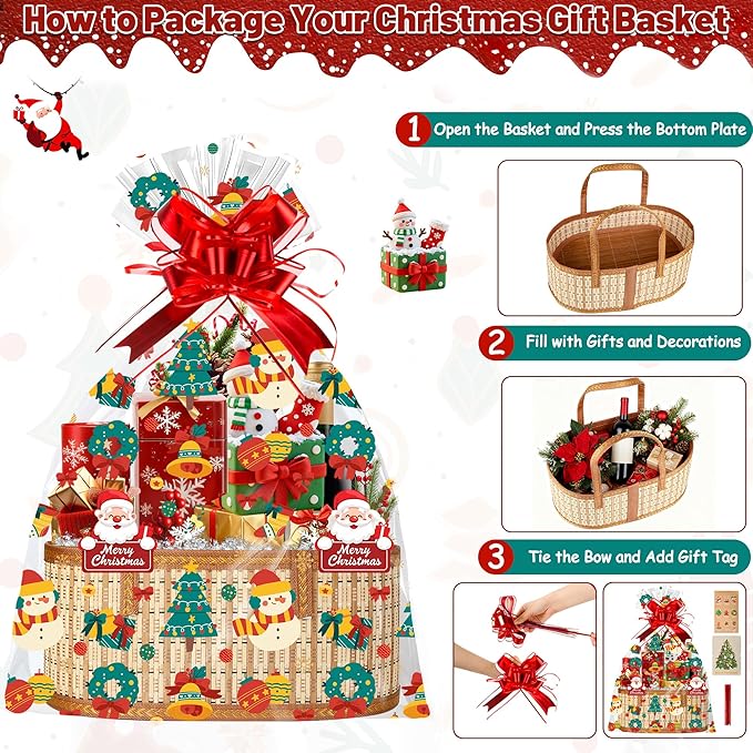 2 Set Baskets for Gifts Empty, Large Bamboo Christmas Gift Baskets with Handle, Foldable Woven Holiday Baskets for Gifts, DIY Gift Wrapping Set, Reusable Decorative Xmas Basket Kit