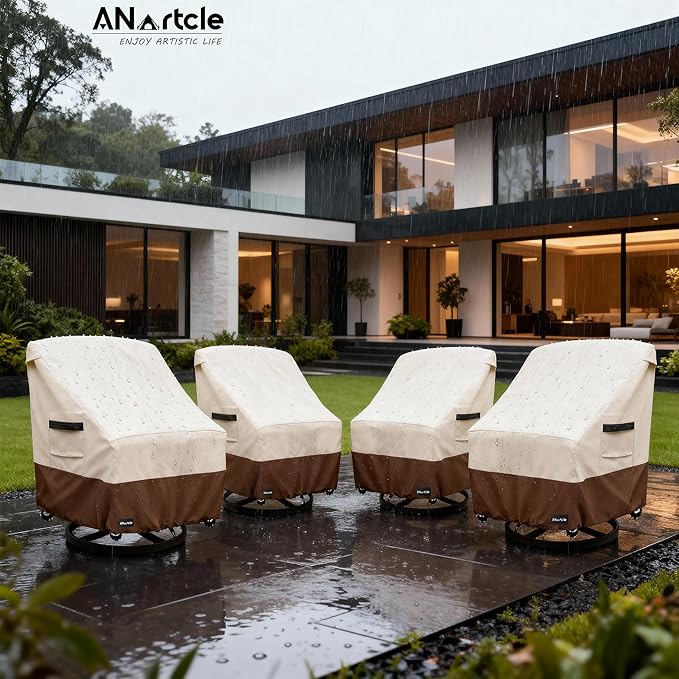 Swivel Patio Chair Cover 4 Pack,600D Waterproof Heavy Duty Outdoor Chair Cover(35 W x 37 D x 36 H inches),Patio Furniture Covers,Outdoor Furniture Covers Waterproof,Beige&Brown
