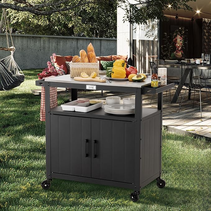 Outdoor Grill Cart with Stainless Steel Tabletop and Storage Cabinet, Movable Kitchen Island with Wheels for BBQ Food Prep, Black