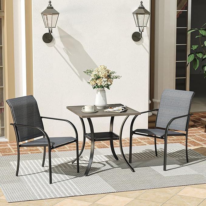 VICLLAX Patio Dining Table, Square Table Metal Outdoor Bistro Table with Rack for Balcony Garden Deck, 28inch Grey