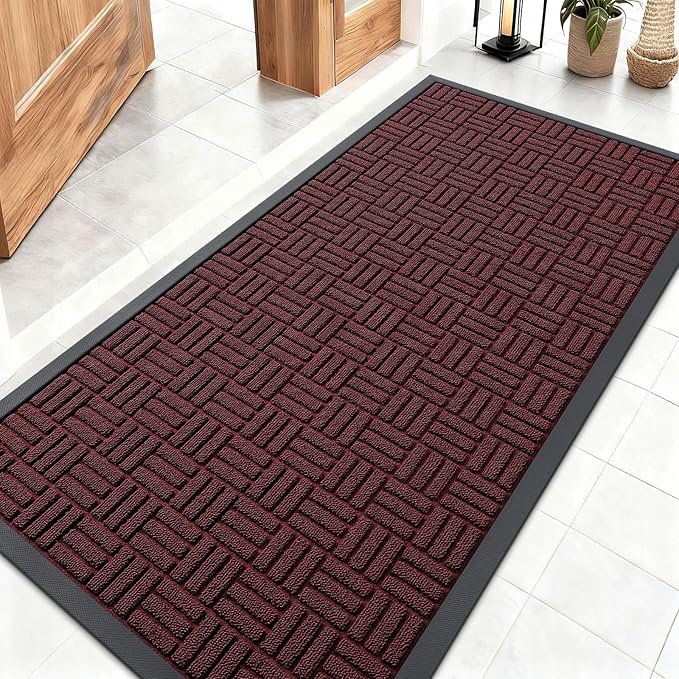 OLANLY Front Door Mat Outside Entrance 47x23, Absorbent, Heavy Duty Sturdy Natural Rubber Doormat Indoor Outdoor, Non-Slip, Stain and Fade Resistant, Low Profile Floor Mat for Entryway, Burgundy