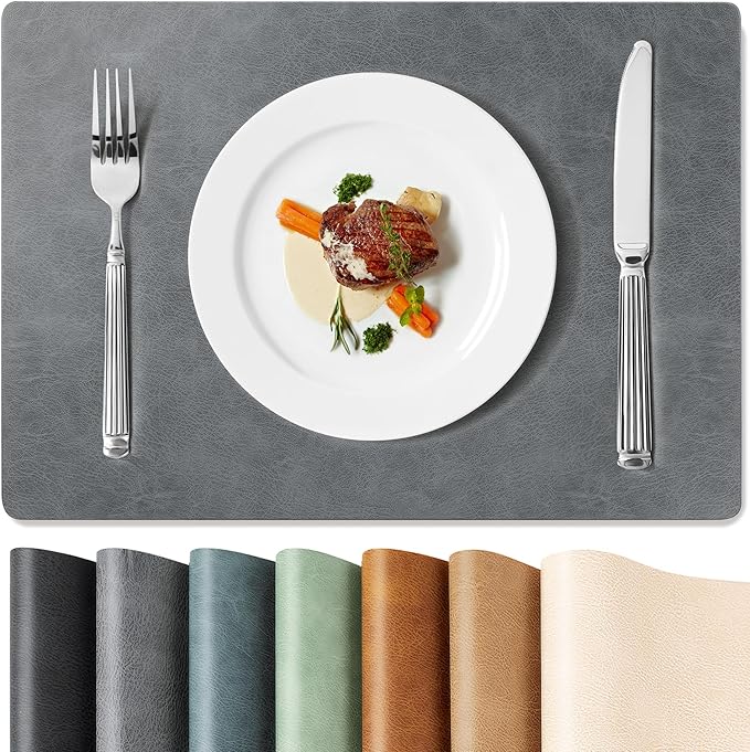 Roxifina Faux Leather Placemats Set of 4 - Vinyl Placemats Wipeable Waterproof Oil-Proof PU Place Mats Heat Resistant Reversible Table Mats for Dining, Kitchen, Outdoor, 12 x 17 Inch (Gray)